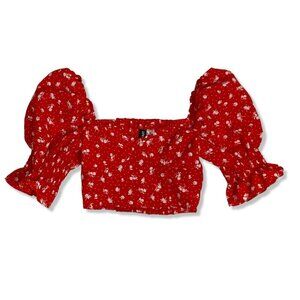 H&M Junior Puff Sleeve Crop Top Red Floral Shirt  Boho Top Summer Resort wear